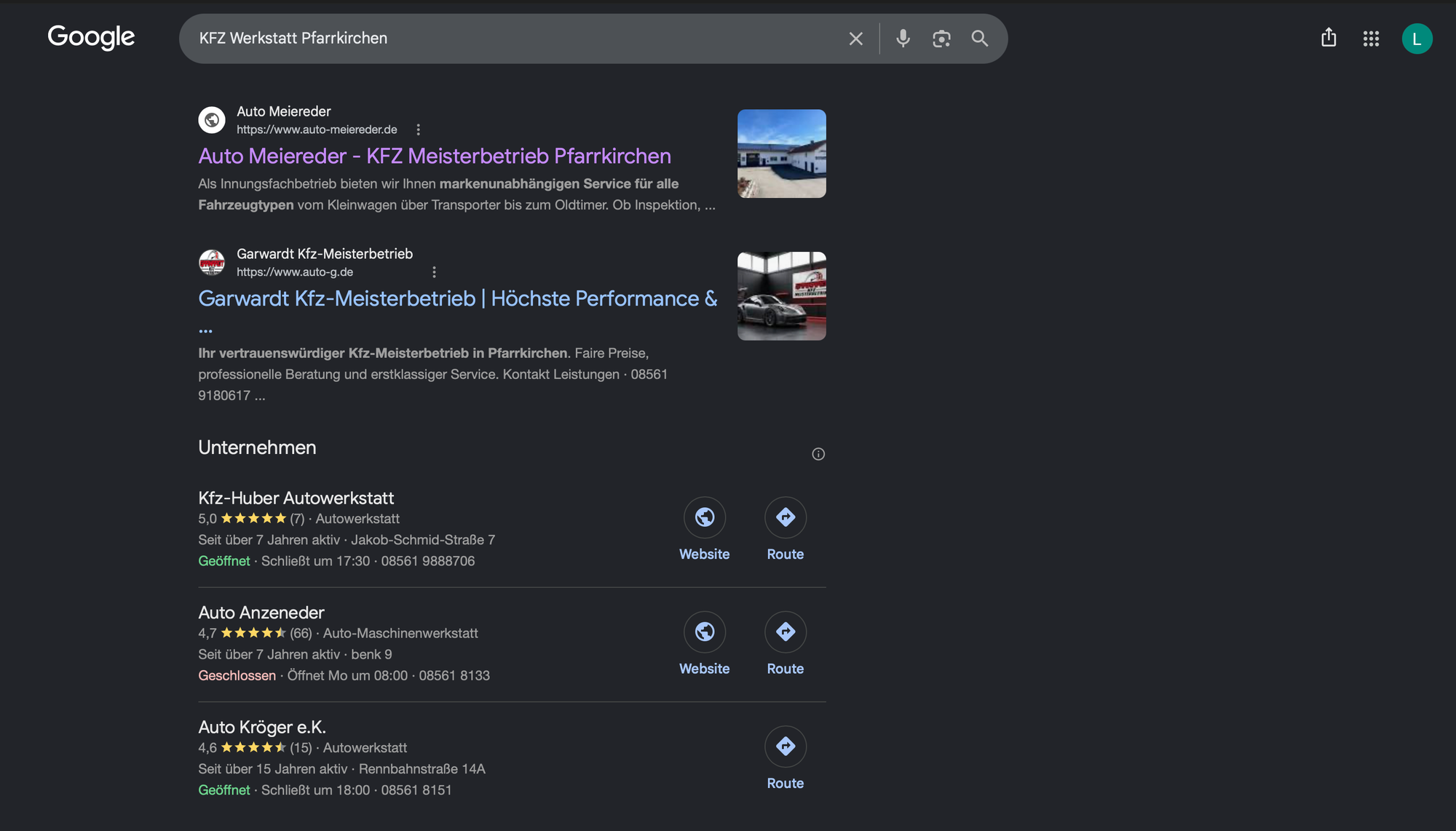 Google-Suchergebnis: Auto Meiereder auf Platz 1 für „KFZ Werkstatt Pfarrkirchen“